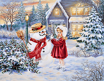 Little Girl Building Snowman F2Cmp, little girl, winter, art, beautiful, four seasons, illustration, artwork, snowman, wide screen, painting, portrait, snow HD wallpaper