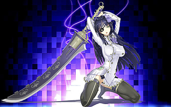 Katana Girl, blue, sweet, sexy, white, black, sword, uniform, girl, long hair, beauty, anime, pretty, whitempuprle, pixel, katana HD wallpaper