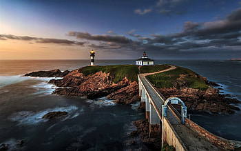 Island, lighthouse, bridge, sea HD wallpaper