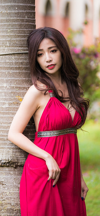 brunette, red dress, model, woman, asian HD phone wallpaper