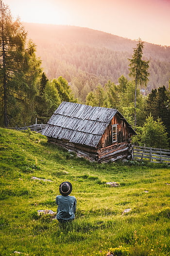 A serene landscape featuring a wooden cabin, lush forest, and vibrant sunset. HD phone wallpaper