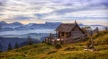 salzburg, grass, valley, mist, trees, mountains, cabin HD wallpaper
