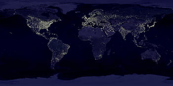 Satellite view of Earth at night with illuminated cities across continents. HD wallpaper