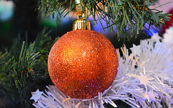 orange xmas ball, , xmas tree, christmas decorations, New Year decoration, Happy New Year, christmas tree, Merry Christmas, new year concepts, xmas decorations HD wallpaper