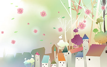 Pink Flower Rain, abstract, vector, pink flowers, spring, houses HD wallpaper