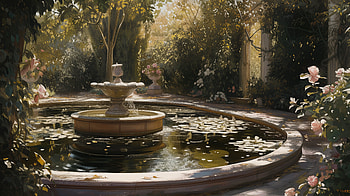 Tranquil Garden Pond with Fountain, garden pond, fountain, garden, pond, rose HD wallpaper
