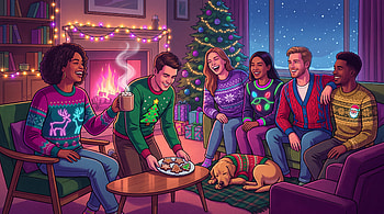 : Cozy Christmas Sweater Gathering, Christmas Sweater, Christmas Party, Friends, Christmas Tree, Fireplace HD wallpaper