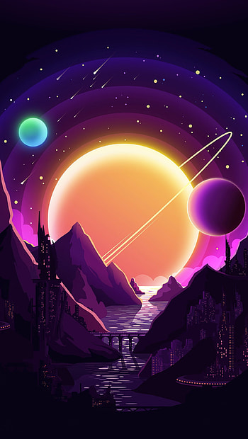 mountain silhouette,river, sky, saturn, planets, space HD phone wallpaper