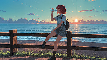 Anime Girl Drinking Water Sitting On A Fence, anime-girl, water, fence, bottle, sea, sky, artist, artwork, art, digital-art, ai, deviantart HD wallpaper