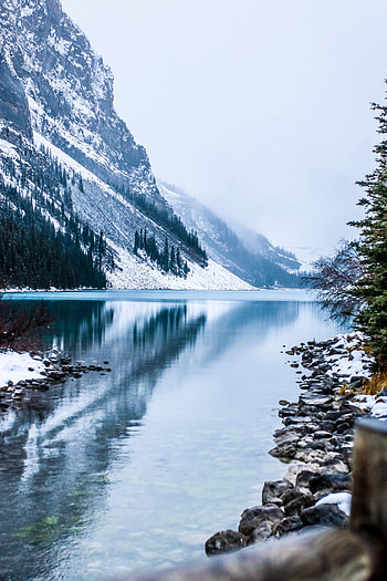 Nature, Mountain, Lake, Canada, Fog, Snow Covered, Snowbound, Mountain Landscape HD phone wallpaper