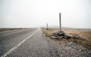 Nature, Stones, Road, Fog, Asphalt, Pointers, Posts, Pillars, Band, Stripe HD wallpaper