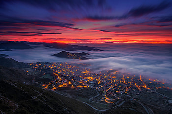 Spain, Catalonia, Night, , Landscape, Berga, Cloud, Fog, Horizon, Sky, Valley HD wallpaper