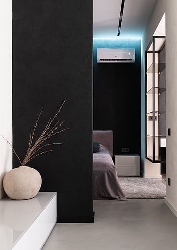 Stylish and cozy modern bedroom interior with air conditioning and minimalist decor. HD phone wallpaper