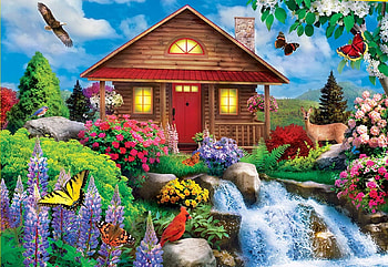 Floral Falls, artwork, river, butterflies, digital, birds, waterfall, flowers, cabin HD wallpaper