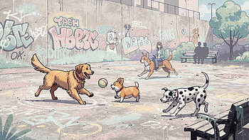 Graffiti Dog Park Play —, Dog Park, Dog, Golden Retriever, Corgi, Dalmatian HD wallpaper