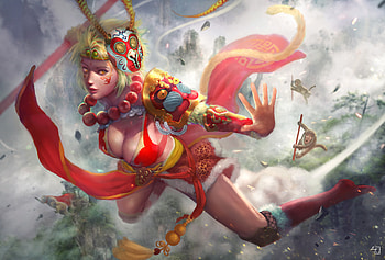 Monkey Queen, monkey, art, fantasy, red, luminos, girl, wei chang, queen, view trom the top HD wallpaper