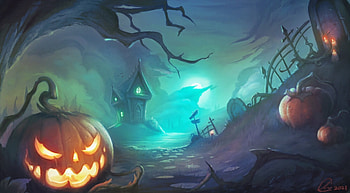 Halloween, night, blue, moon, fantasy, pumpkin, alex creamer, orange HD wallpaper