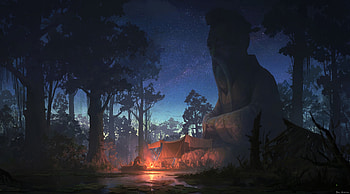 Art, Bonfire, Night, Forest, Statue, Tent, Sage HD wallpaper
