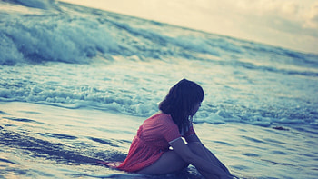 Water, Sea, Shore, Bank, Miscellanea, Miscellaneous, Evening, Girl, Dress HD wallpaper