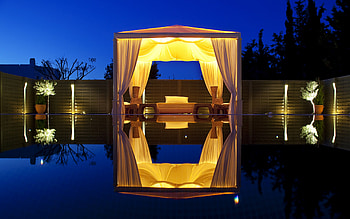 Reflection, night, blue, chair, sofa, peaceful, houses, beauty, chairs, trees, modern, water, architecture, house, gazebo, vase, romance, beautiful, pretty, lights, view, pool, sky, romantic, lovely, resort HD wallpaper