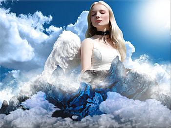 Earth Angel, wings, clouds, sky, girl, angel, mountains, sun HD wallpaper