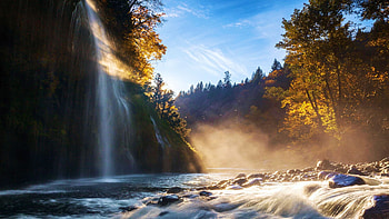 Mossbrae Falls on the Sacramento River, California, rocks, stones, usa, landscape, trees, sky HD wallpaper
