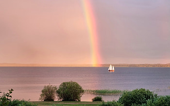Rainbow over Lake, yacht, Latvia, rainbow, lake HD wallpaper