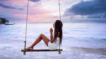 Peaceful Day, sea, swing, model, woman HD wallpaper