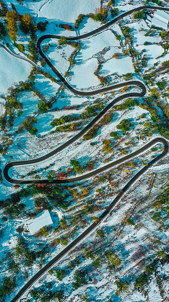 Nature, View From Above, Road, Relief, Snow Covered, Snowbound, Sinuous, Winding HD phone wallpaper