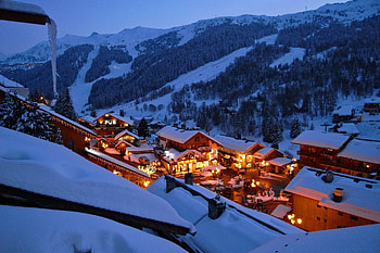 Christmas village, winter, hills, roofs, beautiful, houses, mountain, holiday, snow, lights, christmas, view, sky, village HD wallpaper