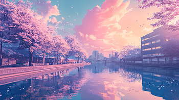 Pastel Dreams: Anime City Reflections in Ultra, pastel aesthetic, anime city, cherry blossom, river HD wallpaper