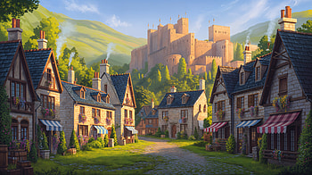 — Sunlit Castle Town, Town, Castle HD wallpaper
