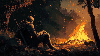Knight's Rest by the Fire -, sword, knight, fire, resting HD wallpaper