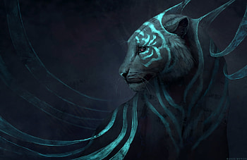 Tiger, blue, art, fantasy, tigru, luminos, dark, jade merien HD wallpaper
