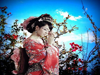 Japan woman among the flowers, sky, Japan, flowers, woman HD wallpaper