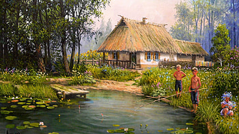 country lives, river, farm, painting, country HD wallpaper
