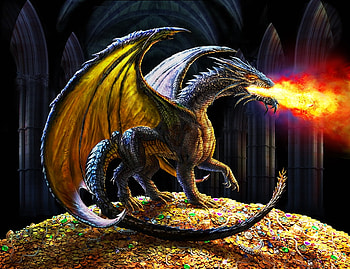 Dragon, treasure, fantasy, art, adrian chesterman, luminos, fire, dark HD wallpaper