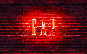 GAP red logo, , red brickwall, GAP logo, fashion brands, GAP neon logo, GAP HD wallpaper
