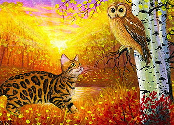Fall Season, artwork, leaves, painting, trees, colors, cat, owl, sunset HD wallpaper