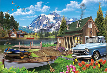 Lake Landscape, mountain, car, artwork, boat, digital, cottage, sky HD wallpaper