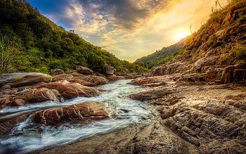Sunset over Tulare, graphy, brown rocks, landscape, , nature, rivers, sunset, beauty, brook HD wallpaper