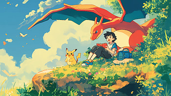 Ash, Pikachu & Charizard: Pokémon Adventure, Pokemon, Ash Ketchum, Pikachu, Charizard (Pokémon) HD wallpaper