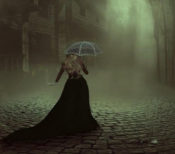 A Dark Walk Home, night, rose, fog, house, woman HD wallpaper