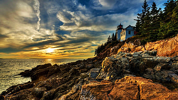 Bar Harbor Lighthouse, Acadia NP, Maine, sunset, sea, coast, clouds, sky, rocks, usa HD wallpaper