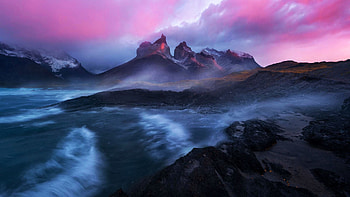 Torres del Paine in Chile, sky, rocks, peaks, landscape, clouds, sunset HD wallpaper