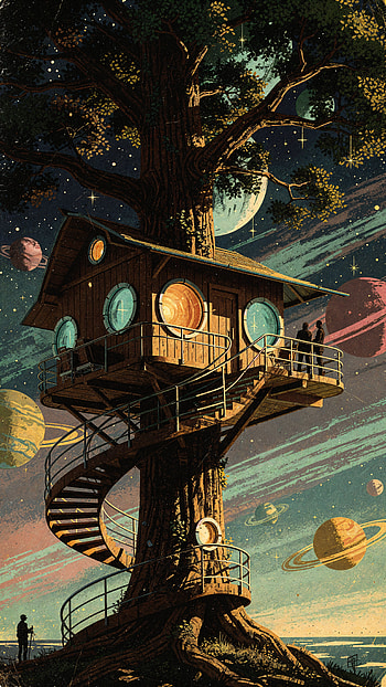 Stargazer's Treehouse — , tree, space, planet HD phone wallpaper