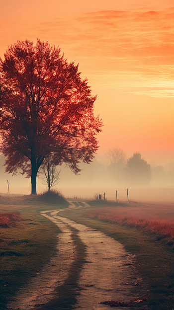 Foggy Path in Autumn Landscape , fall, tree, sunset, fog, landscape, nature, path HD phone wallpaper