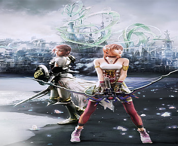 Final Fantasy XIII-2, shield, feathers, final fantasy, lightning farron, serah farron, female, gunblade, sexy, brave, two girls, sword, city, hot, weapons, anime girls, armor, arrow bow, video game, cool HD wallpaper