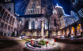church courtyard in chicago r, skyscrapers, courtyard, city, fountain, r, church HD wallpaper