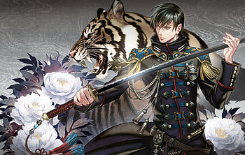 Tiger fighter, white, sword, man, anime, fantasy, flower, fighter, manga, guy HD wallpaper